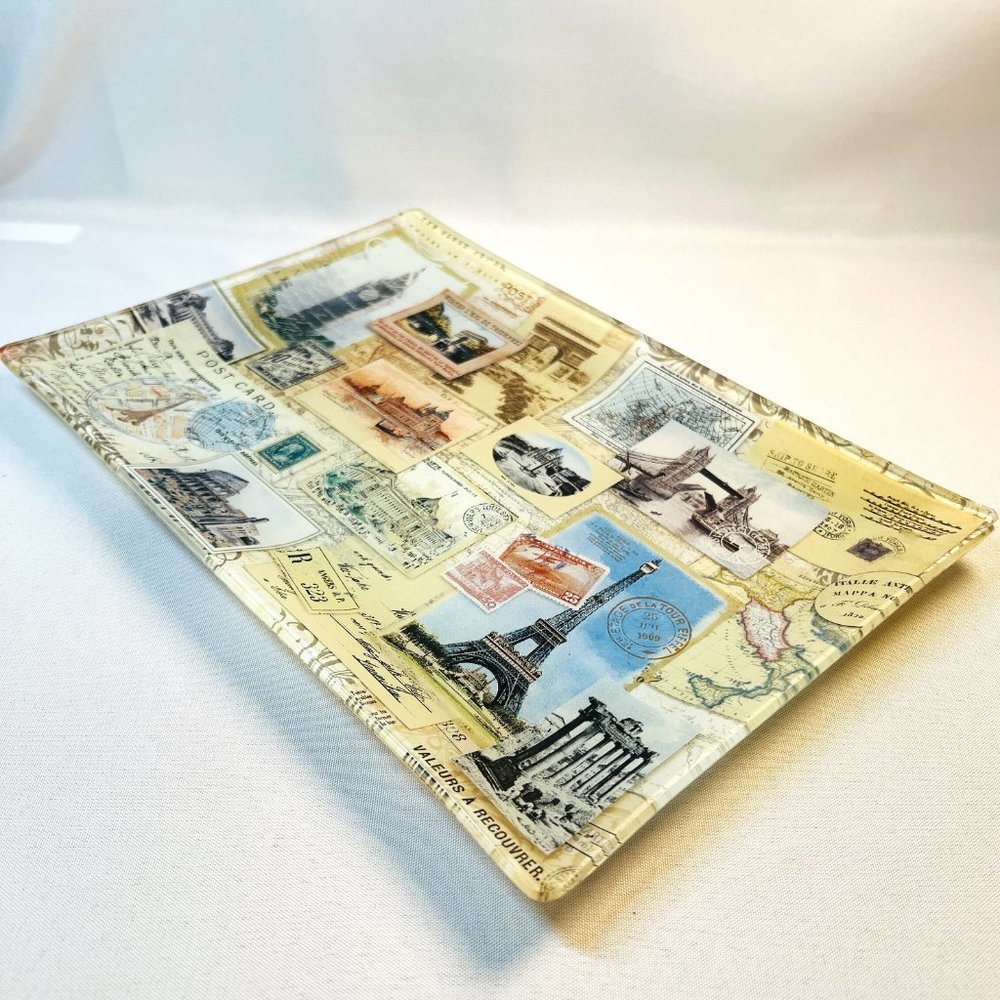 Vintage Postcard Photo Glass Tray Reverse Decorated Italy France Fringe 12”